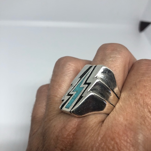 Vintage Real Turquoise Inlay Lightning Bolt Ring - Picture 2 of 4